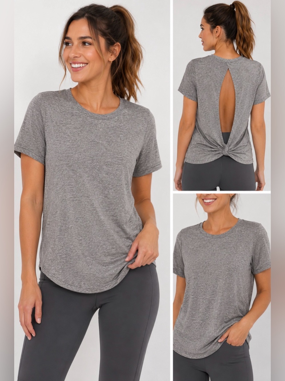305 Zuda Z-Cool Open Back Twist Tee Small Heather Gray Moisture Wicking Athletic